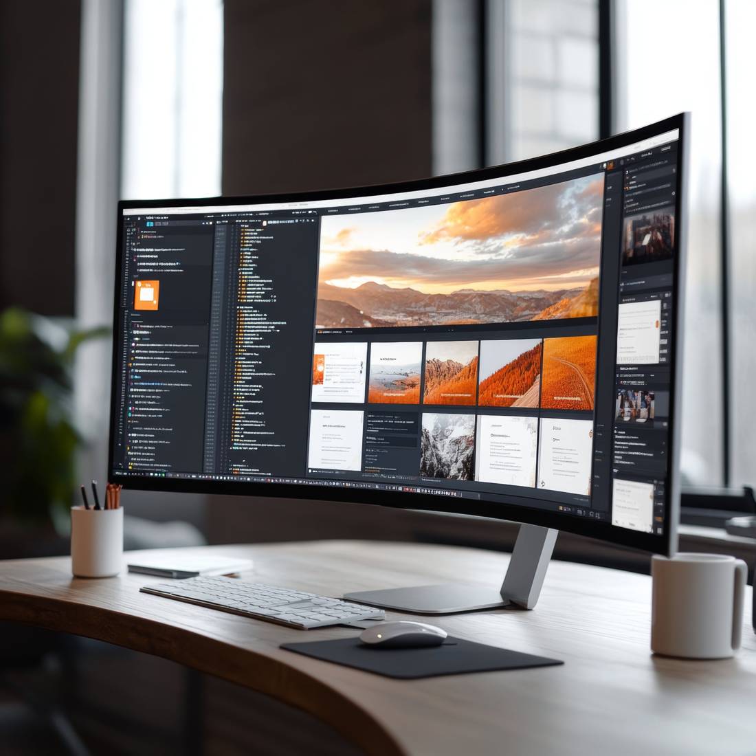 A wide monitor showing code beside a finished web page